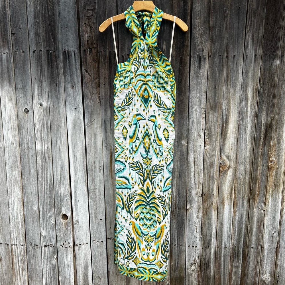 NWT Farm Rio Tropical Tapestry Halter Linen Maxi Sun Dress Off White Green M - Picture 16 of 16